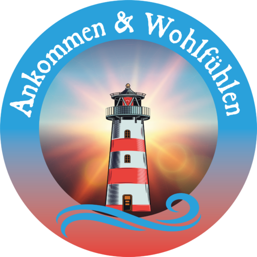 Logo Ferienwohnung Ankommen & Wohlfühlen Cuxhaven mit Leuchtturm und Wellen